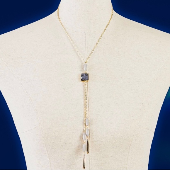 NEW Semi-Precious Gemstone Lariat Style Gray & Goldtone Necklace - Picture 4 of 6